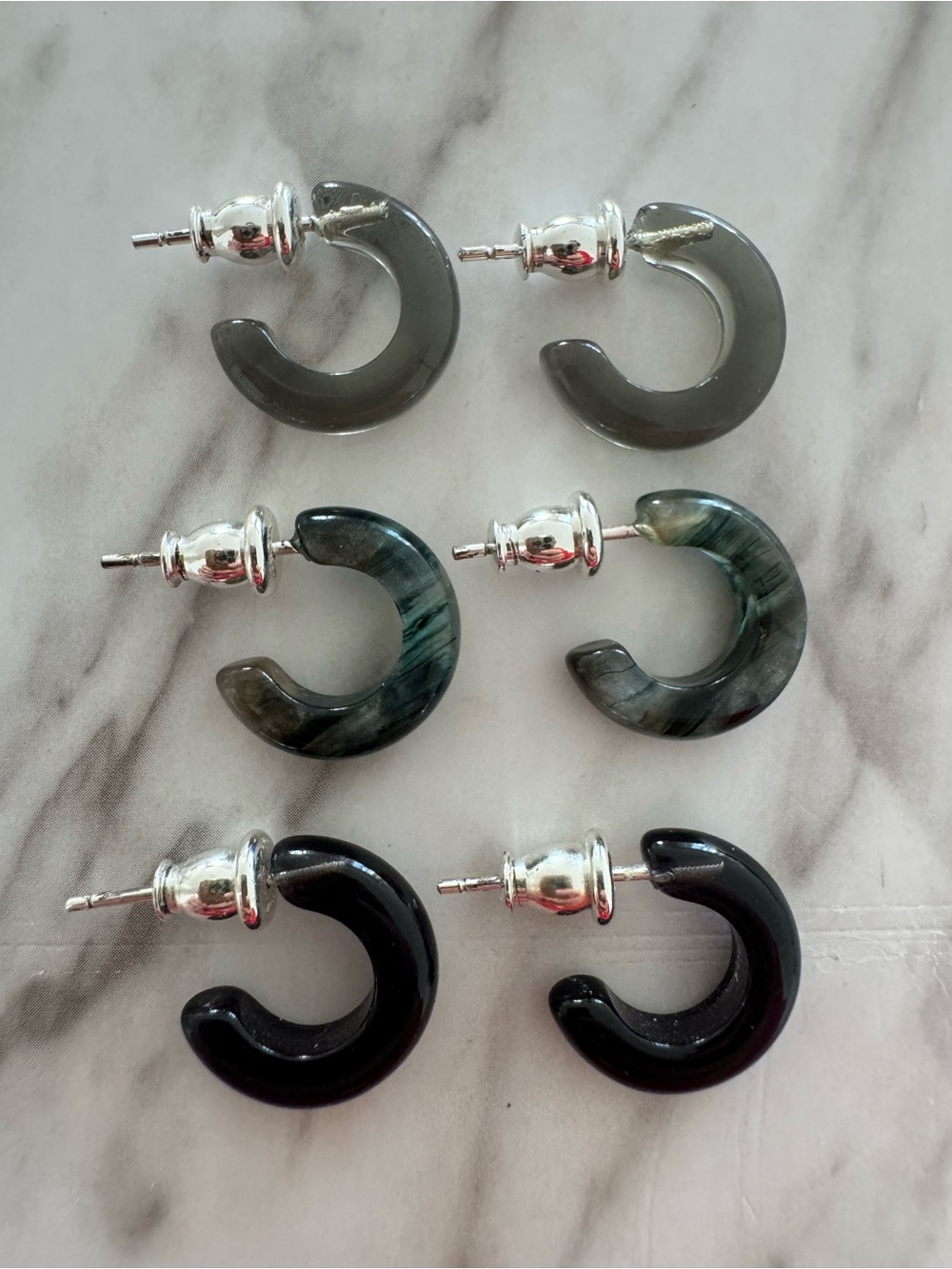 Set of 3 Small acetate huggie Hoop Stud Earrings in Black and Gray / Goth core